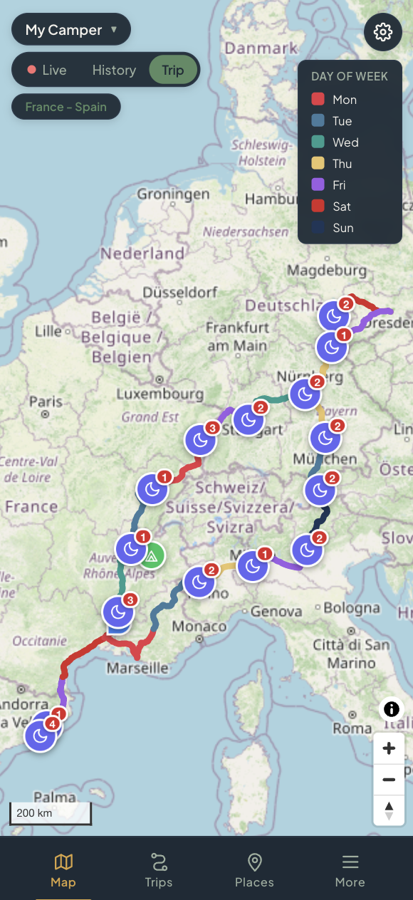 Trip overview with map track and overnight spots
